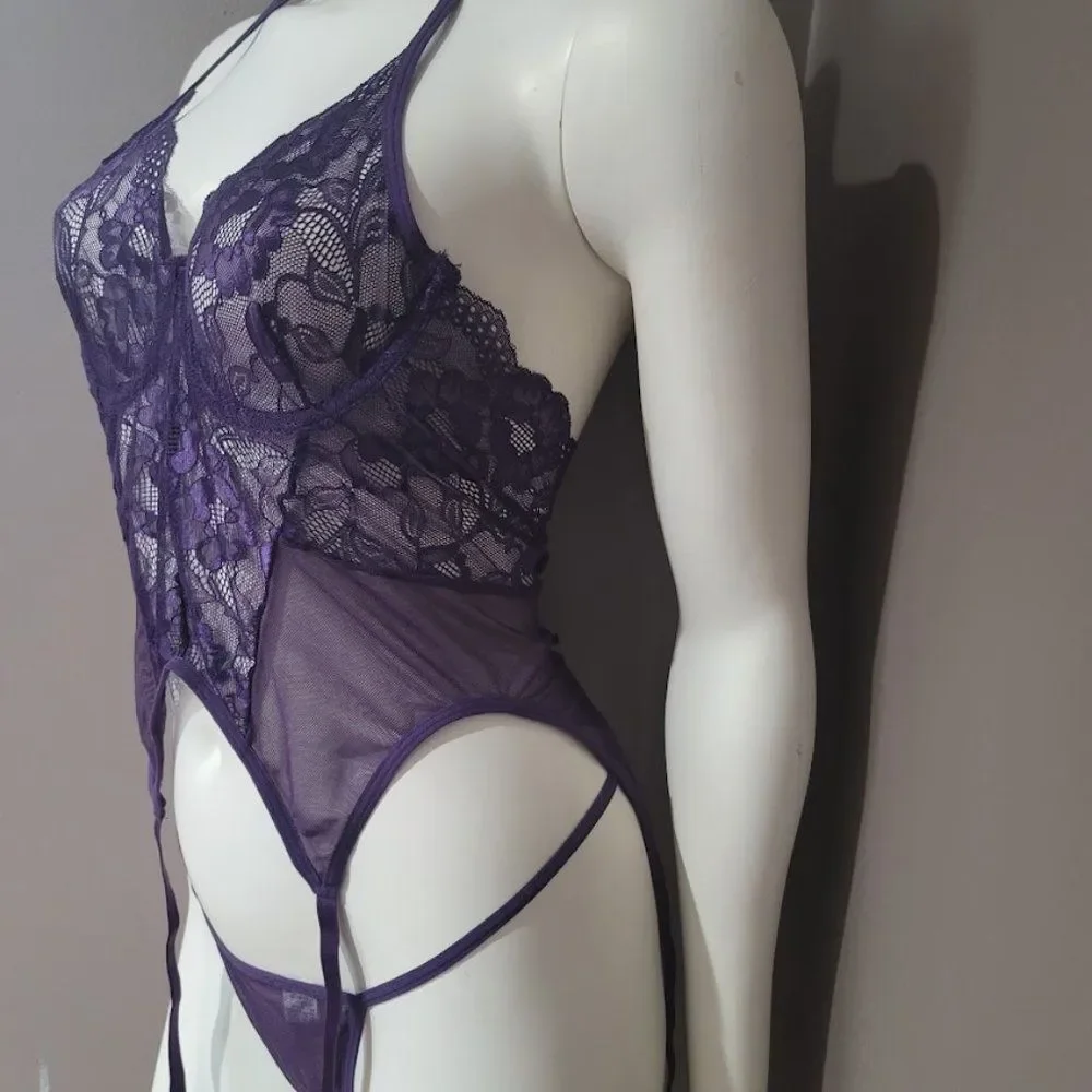 Purple Floral Lace Underwire Garter Lingerie Set - Picture 3 of 9